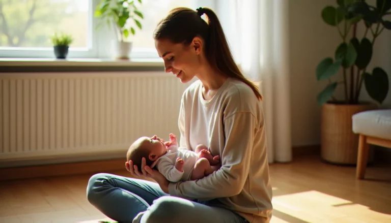 Mère tenant son nouveau-né contre elle dans un intérieur lumineux, illustrant les bouleversements physiques et hormonaux liés à la parentalité et leur santé