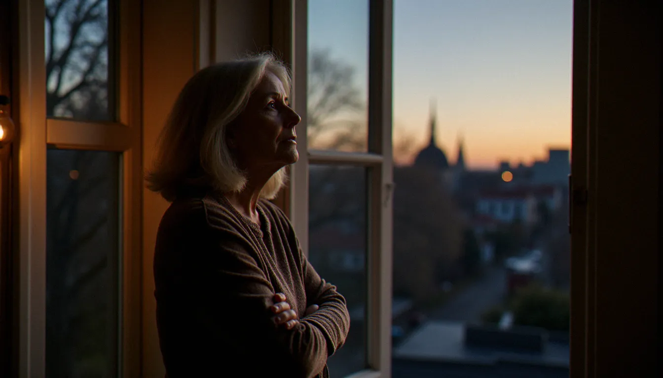 Femme en périménopause dans une posture contemplative près d'une fenêtre, illustrant les effets psychiques de la transition hormonale