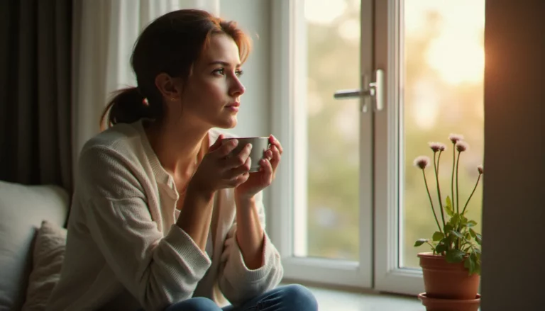 Femme d'une trentaine d'années regardant par la fenêtre, illustration du lien entre santé mentale et équilibre hormonal féminin