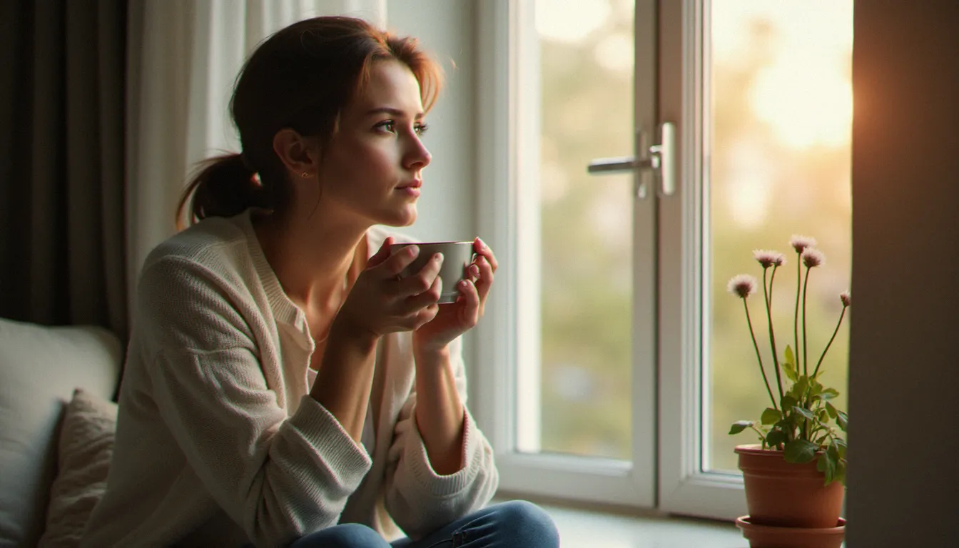 Femme d'une trentaine d'années regardant par la fenêtre, illustration du lien entre santé mentale et équilibre hormonal féminin