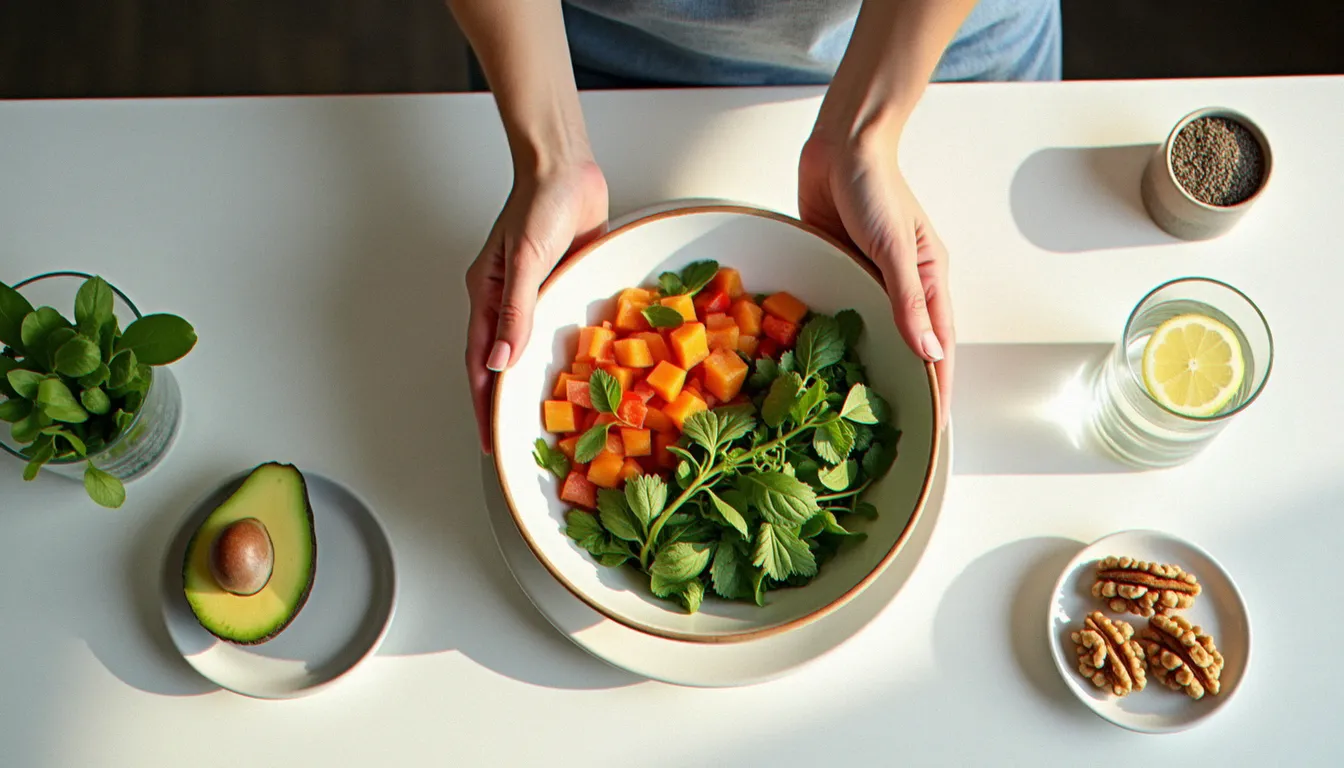 Plan de travail avec des aliments variés et équilibrés choisis pour soutenir l'équilibre hormonal féminin