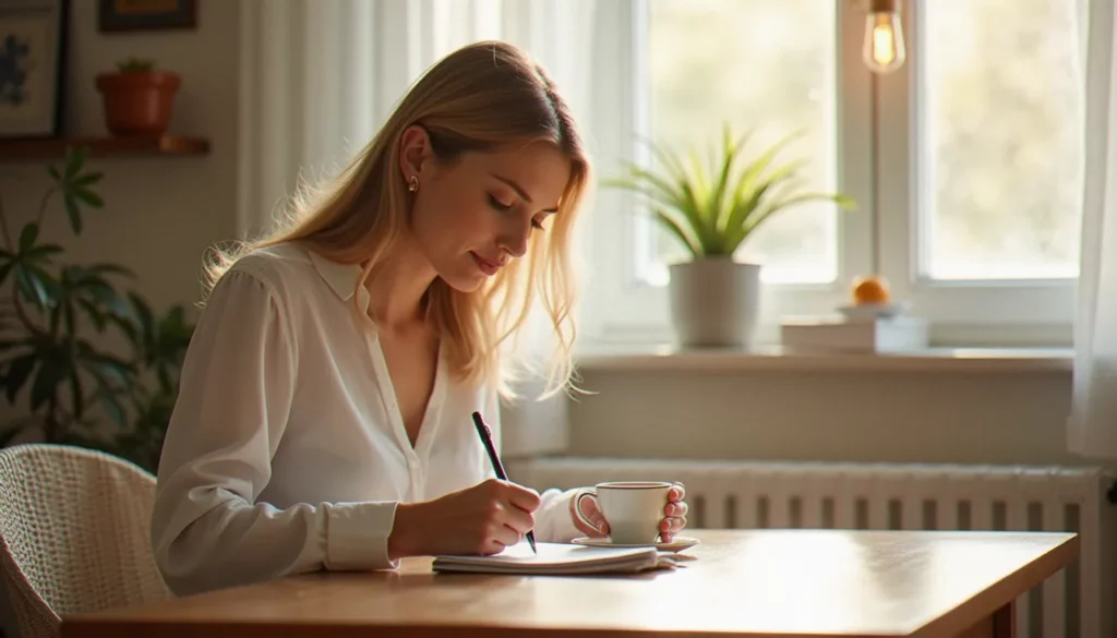 sante pour featured Femme notant son cycle menstruel dans un carnet à la table de la cuisine, en lien avec la santé pour la femme et le suivi hormonal