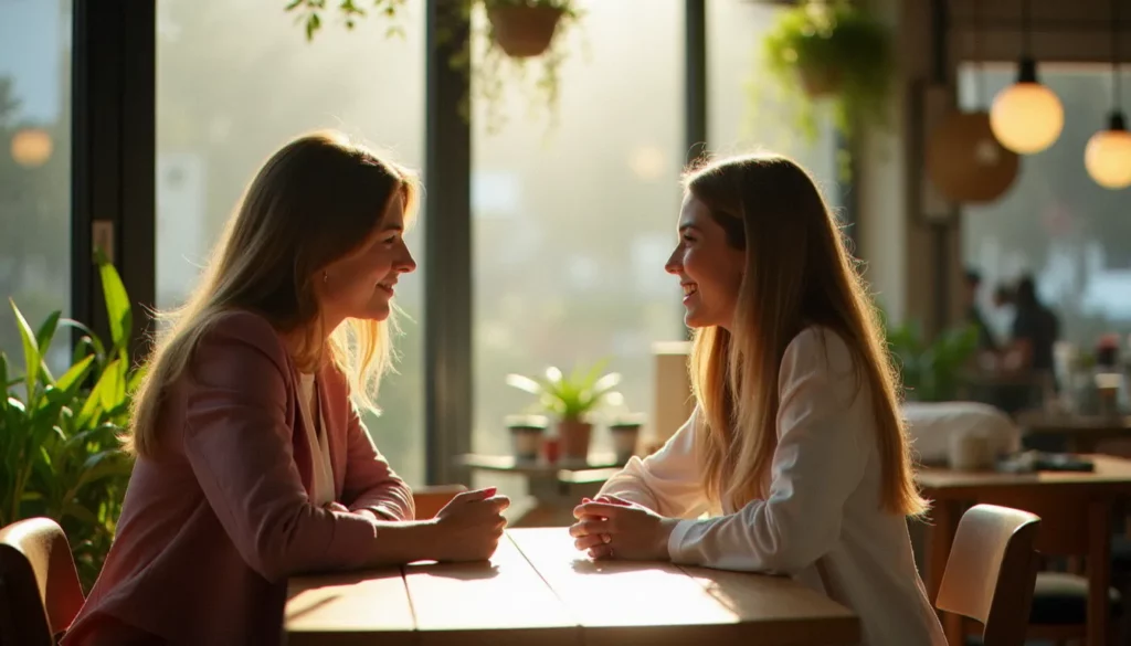 synonyme homosexualite feminine featured Deux femmes en conversation chaleureuse dans un café lumineux, illustrant la thématique des synonymes de l'homosexualité féminine et de l'identité