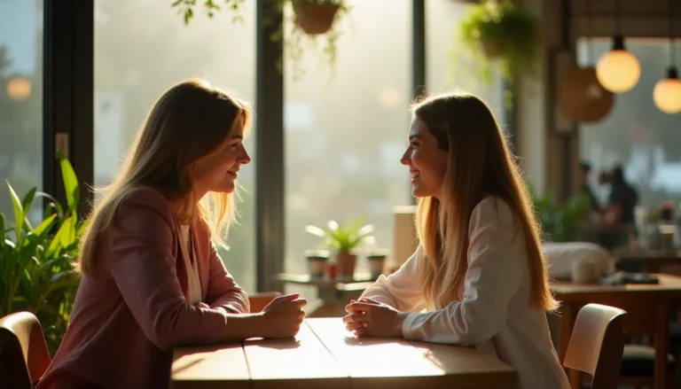 Deux femmes en conversation chaleureuse dans un café lumineux, illustrant la thématique des synonymes de l'homosexualité féminine et de l'identité