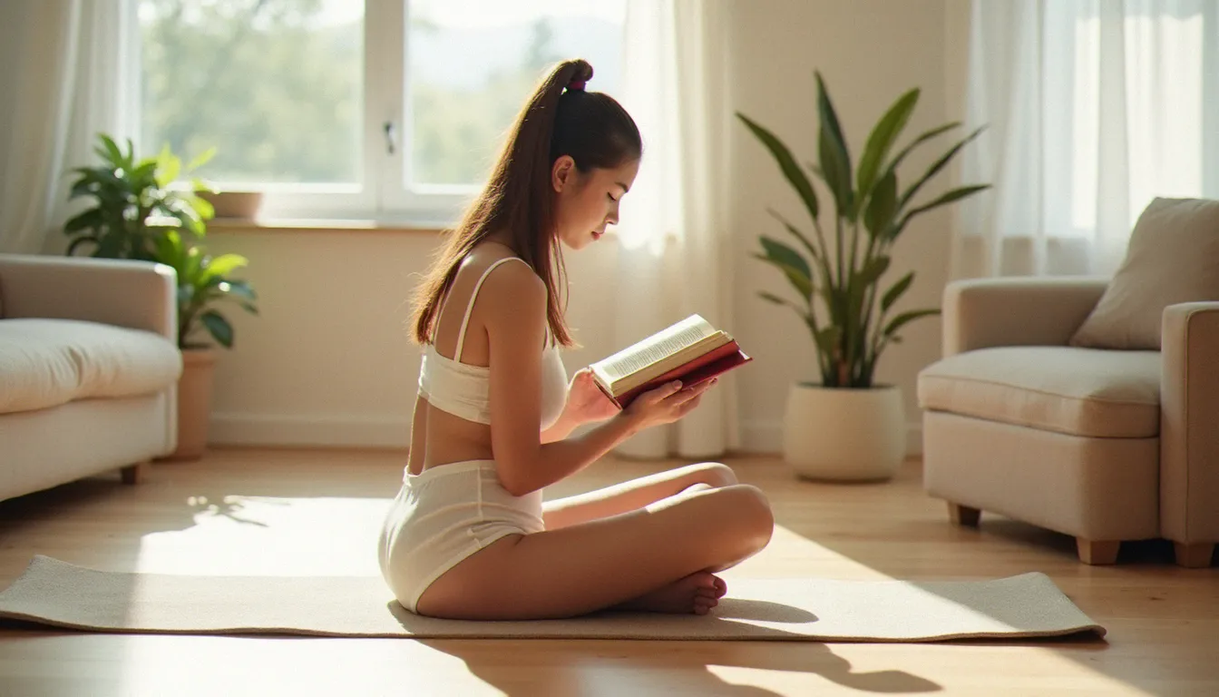 Femme détendue portant une culotte menstruelle lors d'une activité quotidienne à domicile, illustrant le confort et le bien-être associés aux protections menstruelles lavables