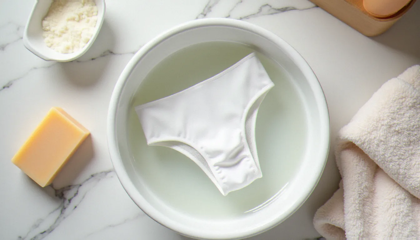 Culotte menstruelle en train de tremper dans de l'eau froide pour le rinçage, illustrant le protocole d'entretien recommandé pour prolonger la durée de vie des protections lavables