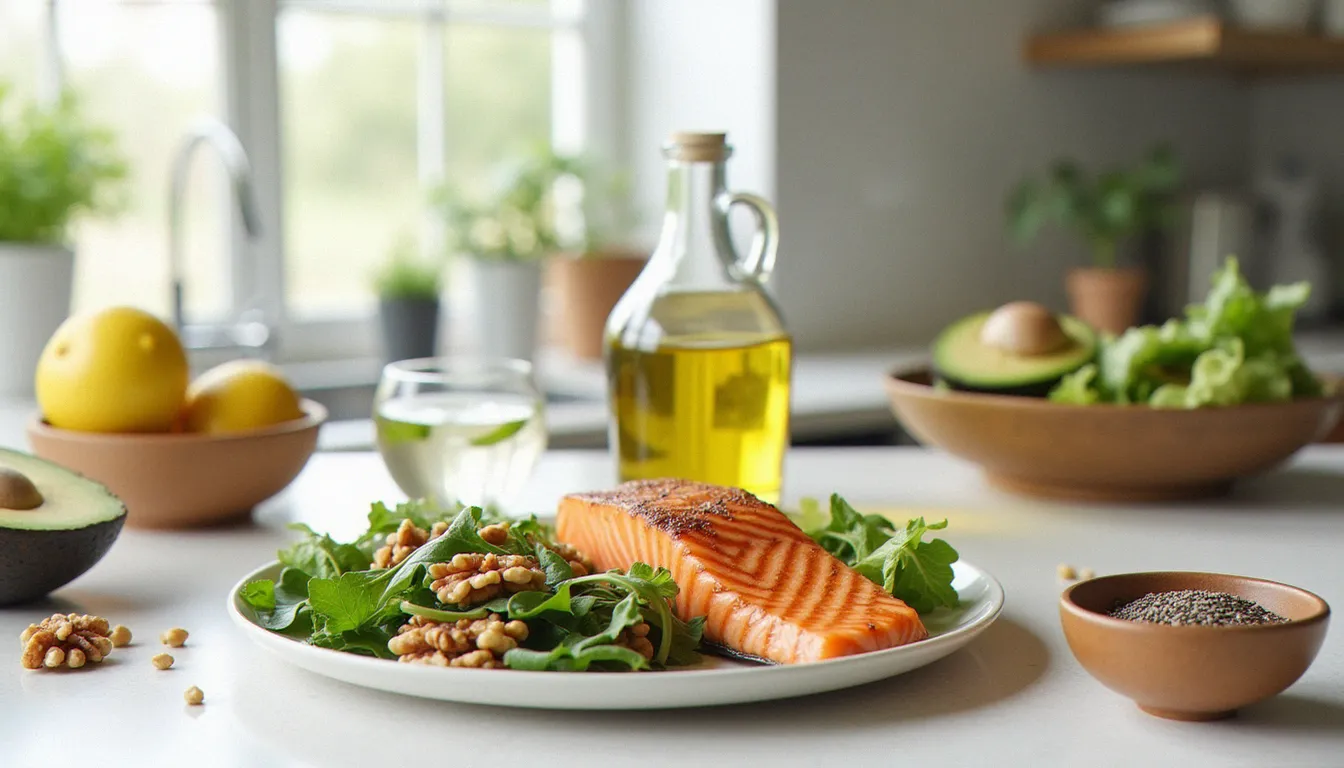 Planche d'aliments anti-inflammatoires et riches en oméga-3 sur un plan de cuisine, illustrant le pilier alimentation de l'ailleurs santé