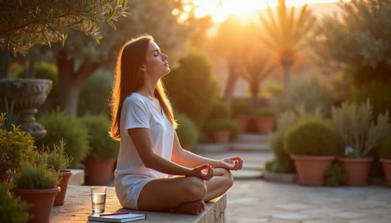 Femme en méditation douce sur une terrasse en pierre, illustrant l'approche holistique de l'ailleurs santé pour l'équilibre hormonal