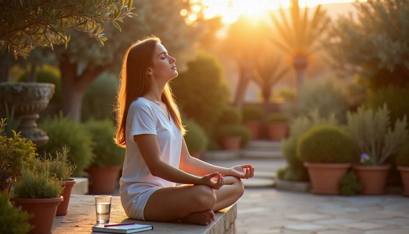 Femme en méditation douce sur une terrasse en pierre, illustrant l'approche holistique de l'ailleurs santé pour l'équilibre hormonal