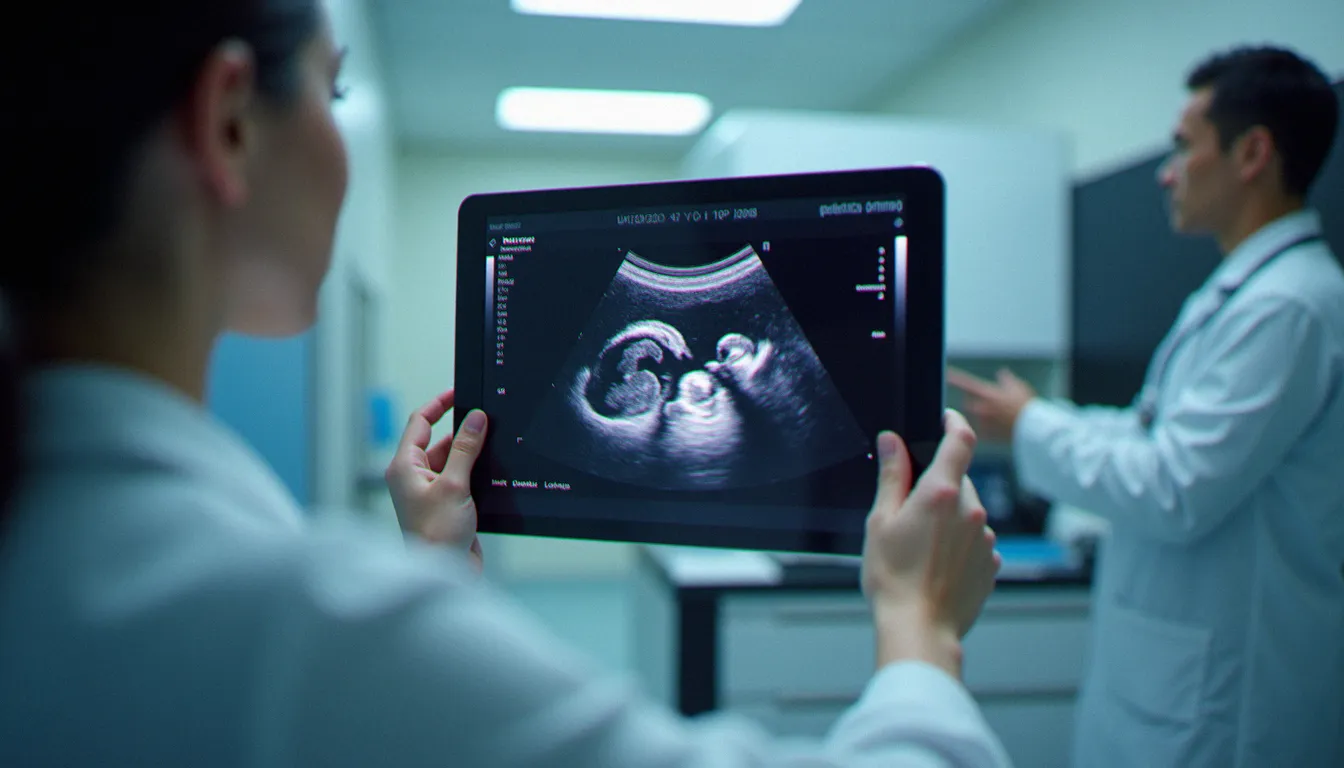 Une femme examine avec un médecin une échographie pelvienne montrant les ovaires et la paroi utérine, illustration du diagnostic d'endométriose ou de SOPK