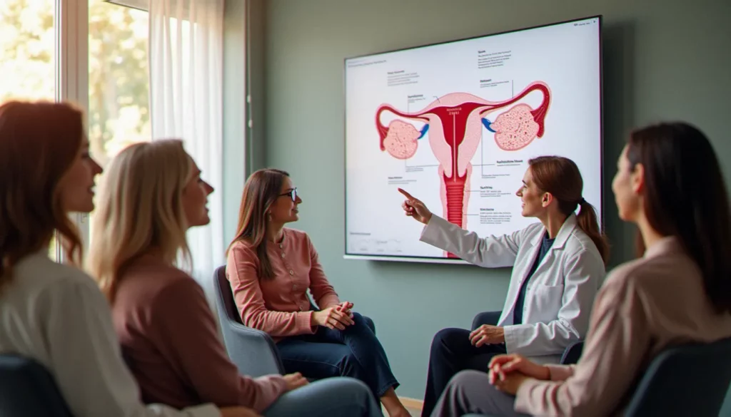 mondiale sante featured Plusieurs femmes de 25 à 55 ans consultent un gynécologue autour d'un schéma anatomique du système reproducteur féminin dans le cadre de la santé mondiale