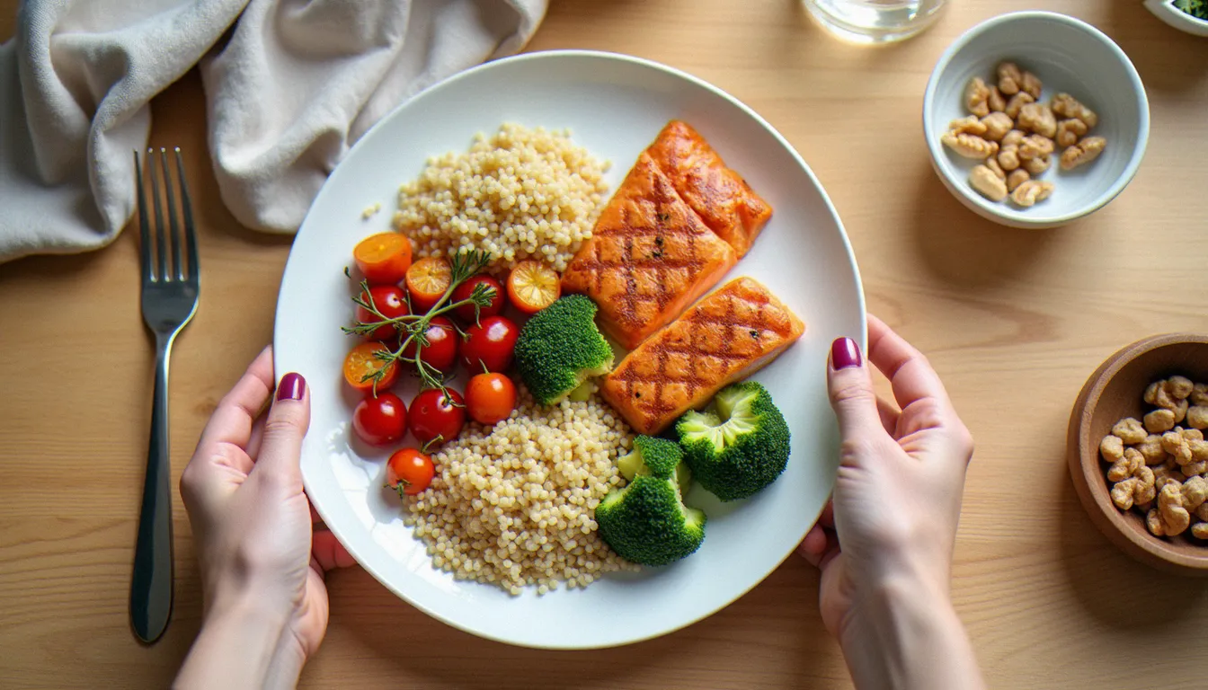 Assiette équilibrée illustrant l'adaptation de l'alimentation aux phases hormonales du cycle menstruel.