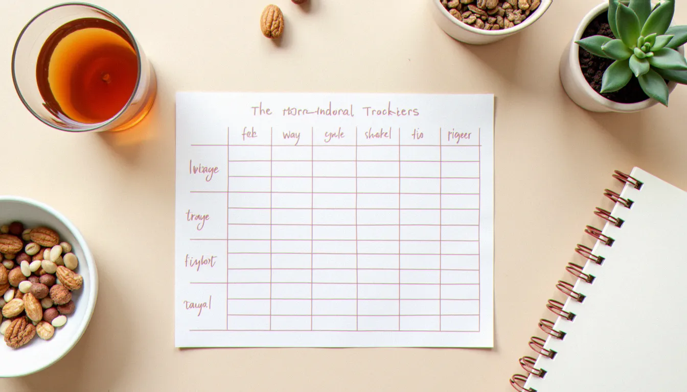 Plan de travail avec journal de cycle, tisane et graines, représentant les routines de santé bien-être adaptées aux phases du cycle