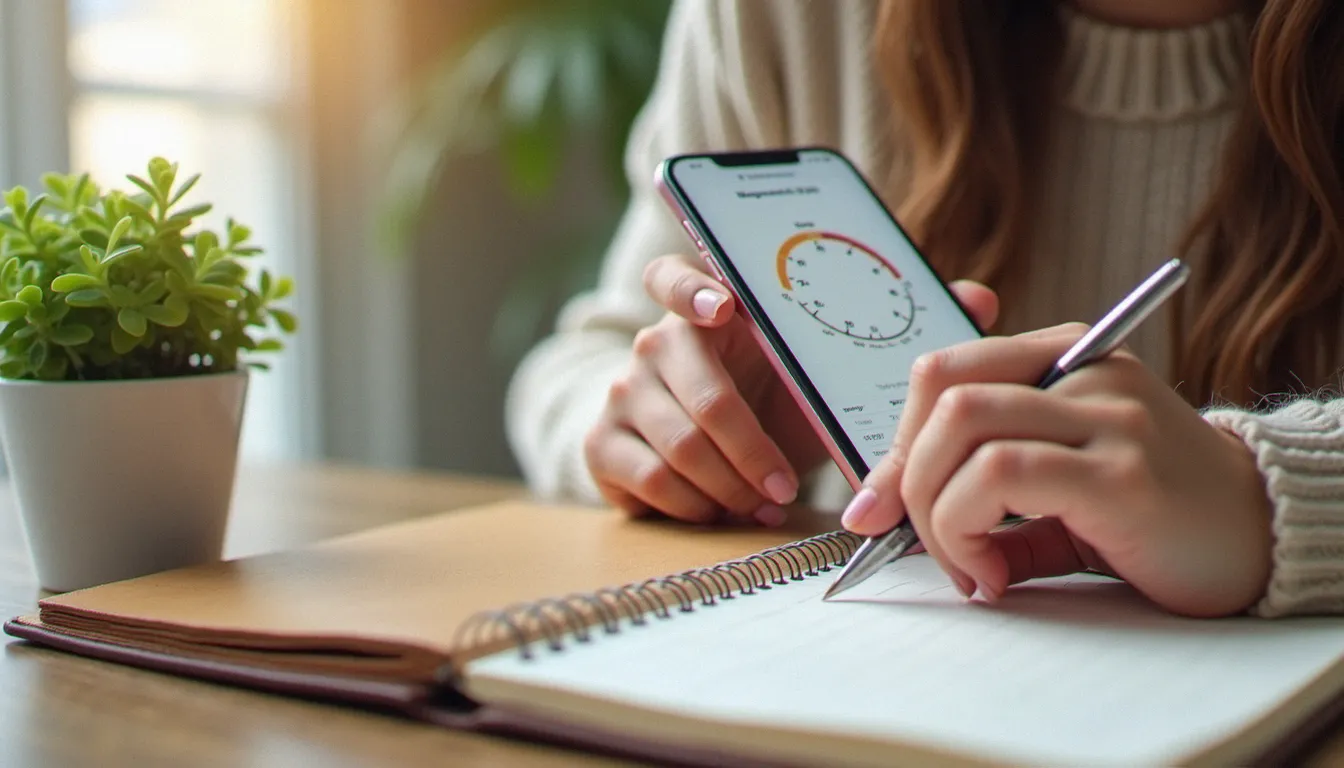 Main de femme tenant un téléphone avec une application de suivi de cycle et un carnet de notes, illustration du suivi hormonal recommandé par l'OMS