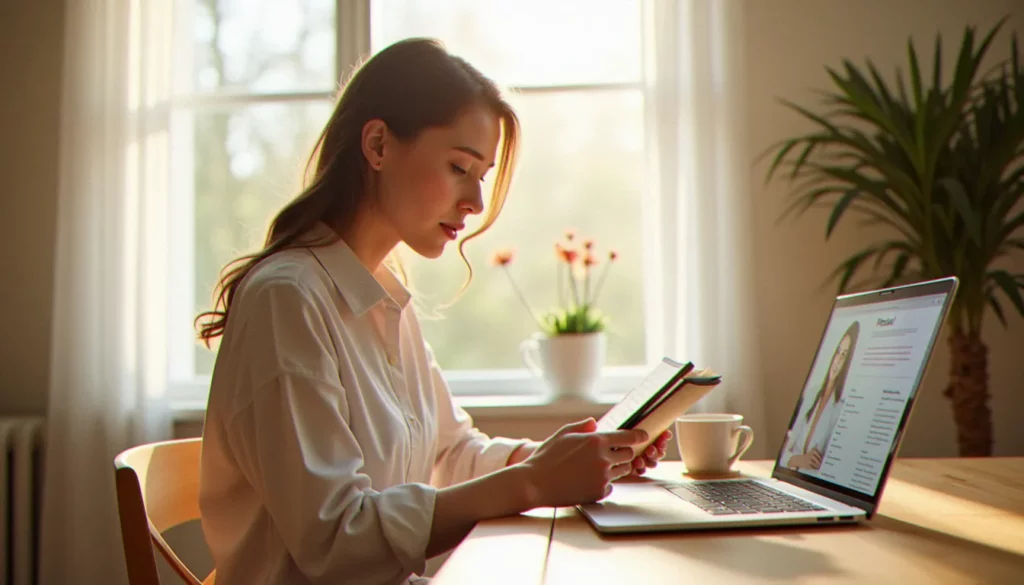 sante oms featured Femme consultant son journal de cycle et un rapport de santé OMS au petit-déjeuner, illustration de la santé OMS appliquée au quotidien hormonal